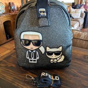 Karl Lagerfeld Kids Logo Black Glitter Backpack with Choupette Graphic